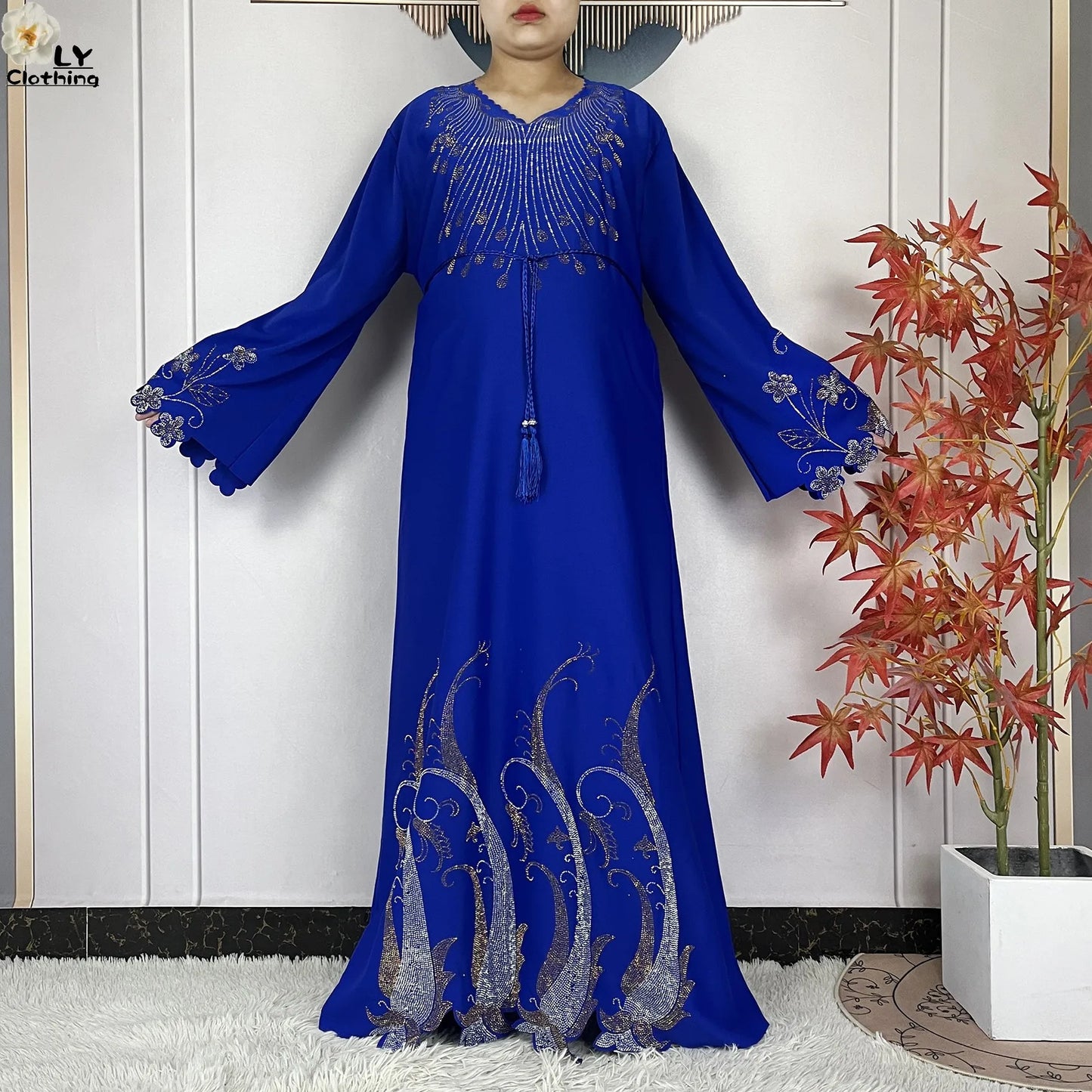 2025New Dubai Muslim Women Elegant Dress African Abaya Loose Butterfly Pattern Diamond Islamic Long Sleeve Turkey Femme Clothing