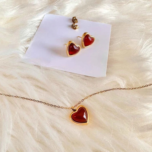 Carnelian Necklace Earrings, Stainless Steel Charm Heart Crystal Necklace Christmas Valentine's Day Gift for Her Wife Girlfriend