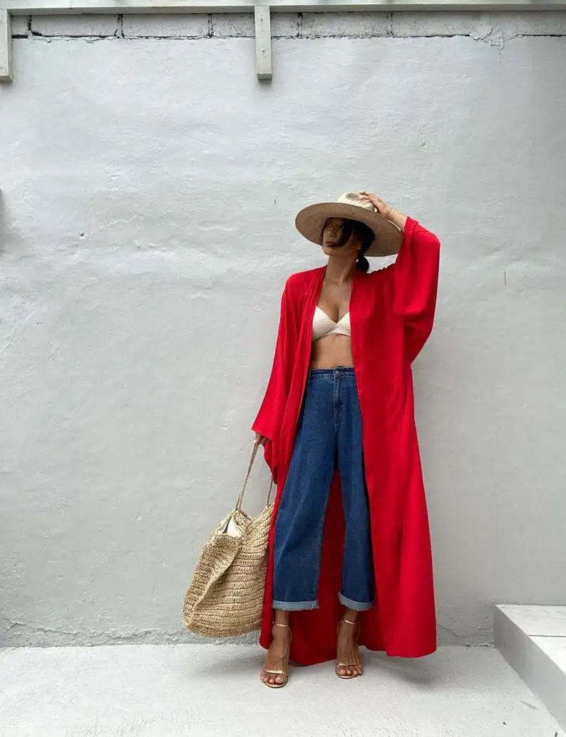 5 Colors Solid Bikini Cover-ups Long Kimono Sexy Belted Summer Wrap Dress Women Beach Wear Cover Up Cardigan Robe De Plage