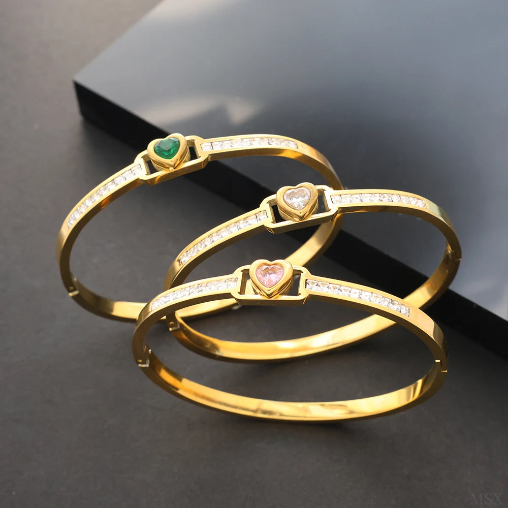 JOVO LOVE Vintage Square Frame Crystal Heart Bangle Stainless Steel Small Small Zircon Wrist Jewelry Women Valentine's Day Gifts