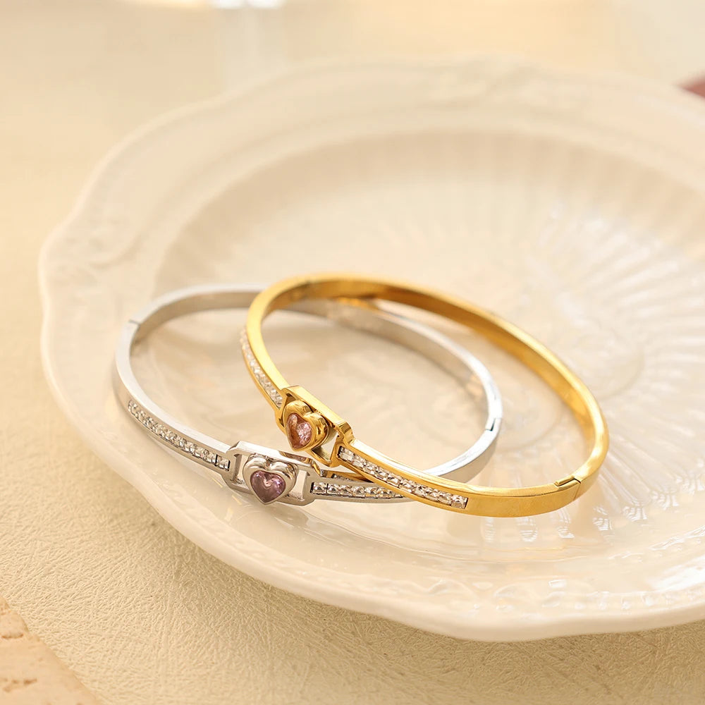 JOVO LOVE Vintage Square Frame Crystal Heart Bangle Stainless Steel Small Small Zircon Wrist Jewelry Women Valentine's Day Gifts