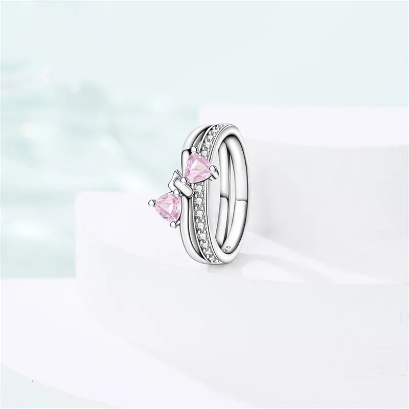 New Valentine's Day Rings Sweet Pink Zircon Princess Bows Size 7-9 For Women 925 Silver Ring Romantic Fine Jewelry Birthday Gift