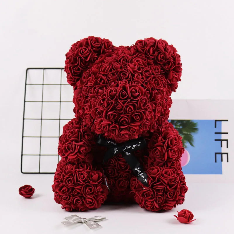 Immortal Rose Bear, Creative Simulation Flower, Mother‘s Day,’Wedding, Valentine's Day Gift, New Year Gift for Girlfriend, 18cm