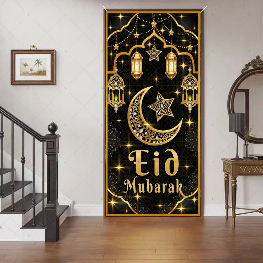 Ramadan Eid Door Cover Backdrop Supplies Moon Mosque Background Islamic Muslim Festival Theme Party Decoration Photography Props