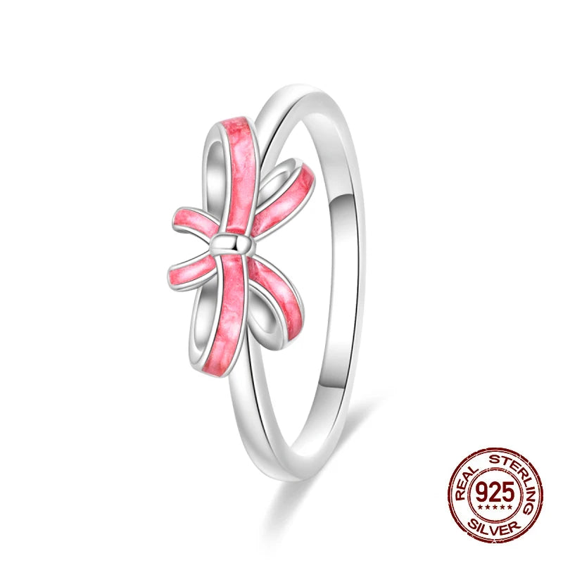 New Valentine's Day Rings Sweet Pink Zircon Princess Bows Size 7-9 For Women 925 Silver Ring Romantic Fine Jewelry Birthday Gift