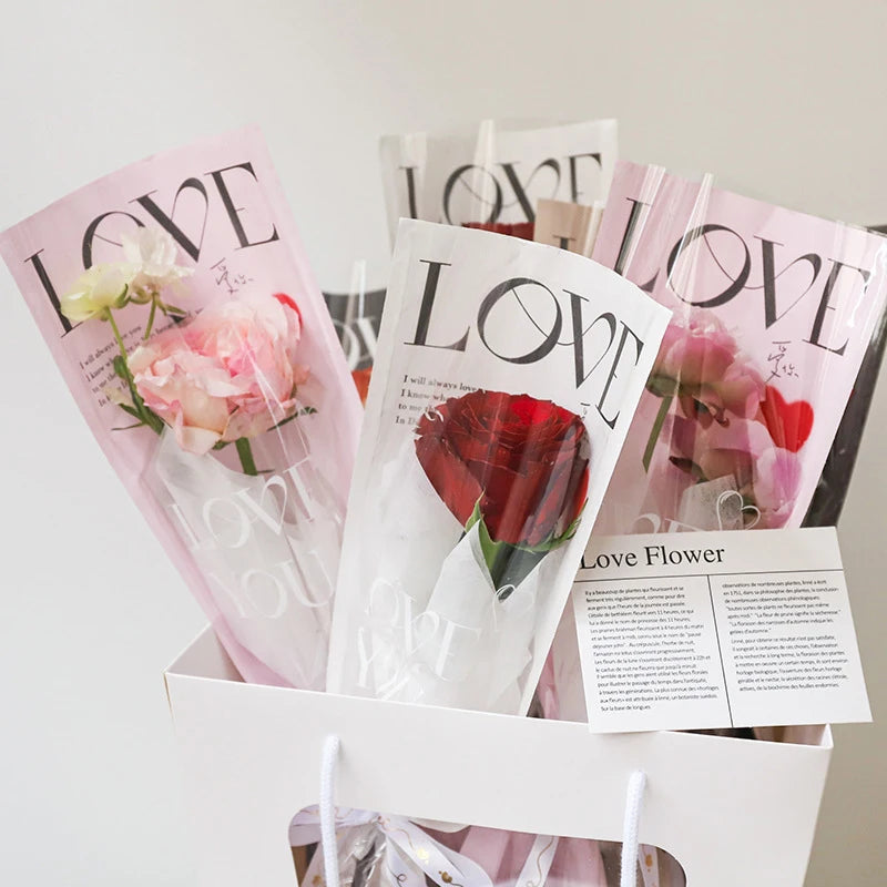 20pcs LOVE Transparent Rose Packaging Bags Valentine's Day Flower Packaging Transparent Bag Waterproof Bouquet Cover