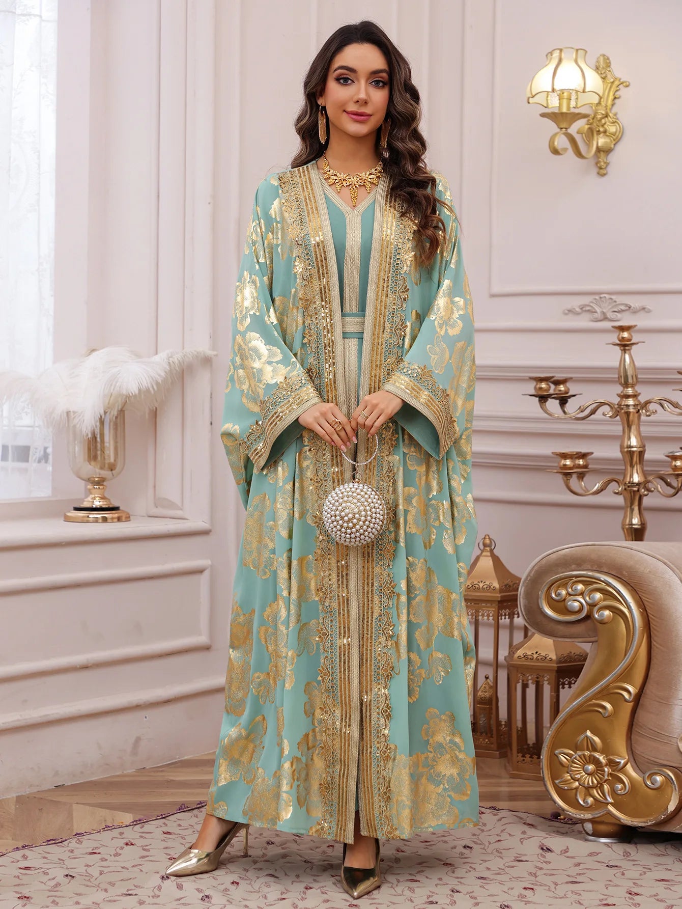 Eid Muslim Party Dress for Women Abaya with Inner Dress 2 Piece Set Jalabiya Ramadan Abayas Robe Caftan Vestidos Largos Kebaya
