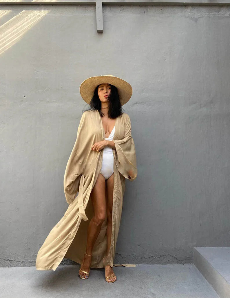 5 Colors Solid Bikini Cover-ups Long Kimono Sexy Belted Summer Wrap Dress Women Beach Wear Cover Up Cardigan Robe De Plage