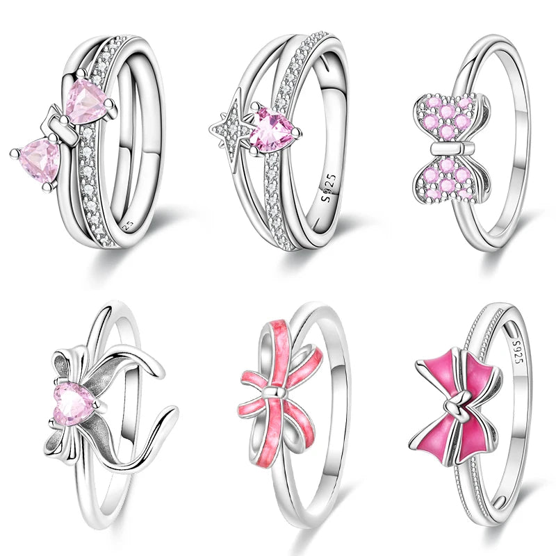 New Valentine's Day Rings Sweet Pink Zircon Princess Bows Size 7-9 For Women 925 Silver Ring Romantic Fine Jewelry Birthday Gift
