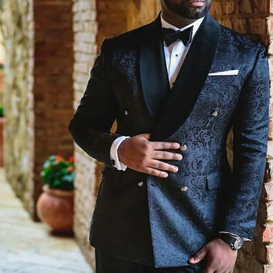 Double Breasted Jacquard Men Suits for Wedding Slim Fit Navy Blue Groom Tuxedos 2 Piece Male Fashion Prom Clothes (Jacket+Pants)