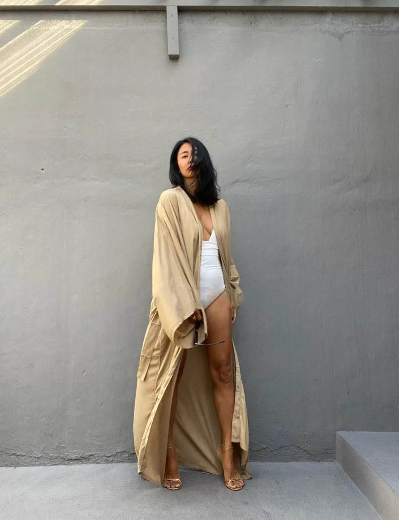 5 Colors Solid Bikini Cover-ups Long Kimono Sexy Belted Summer Wrap Dress Women Beach Wear Cover Up Cardigan Robe De Plage