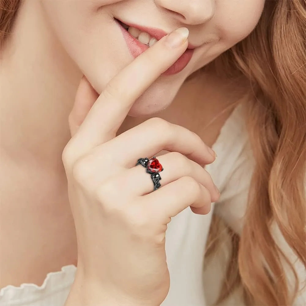 Gothic Skull Black Rose Flower Rings Women Purple Red Heart Zircon Crystal Valentine's Day Anniversary Engagement  Jewelry