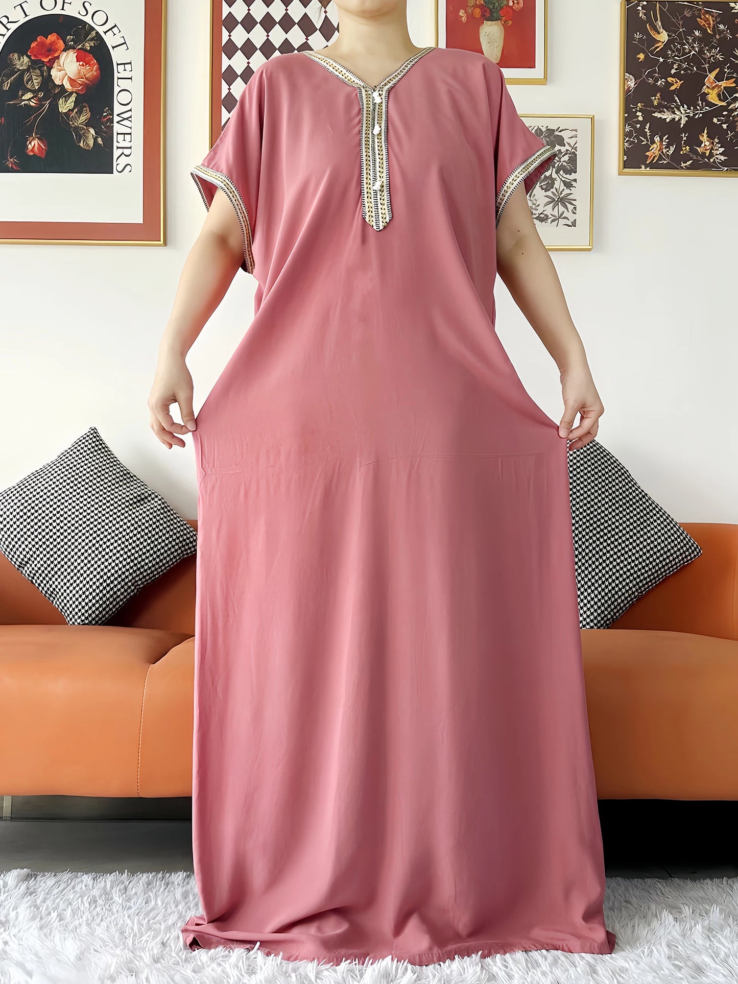 2024 Muslim Caftan Traditional short sleeve Dress Solid Cotton kaftan Beach Summer Abaya African dresses for women