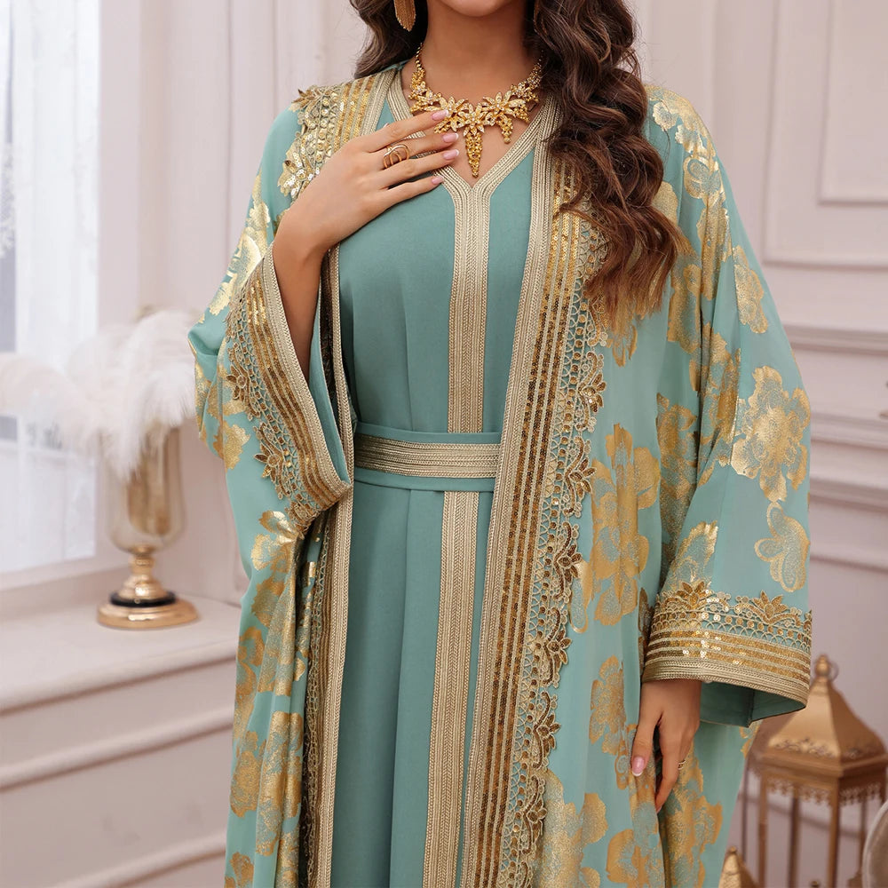 Eid Muslim Party Dress for Women Abaya with Inner Dress 2 Piece Set Jalabiya Ramadan Abayas Robe Caftan Vestidos Largos Kebaya