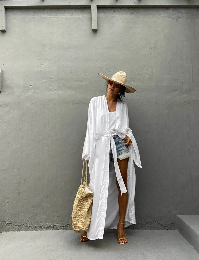 5 Colors Solid Bikini Cover-ups Long Kimono Sexy Belted Summer Wrap Dress Women Beach Wear Cover Up Cardigan Robe De Plage