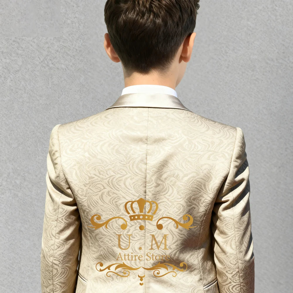 Haute Couture Boys' 3pcs Champagne Jacquard Jacket Vest Pants Slimming Set for Wedding Pageboy Xmas Birthday Party Child Gift