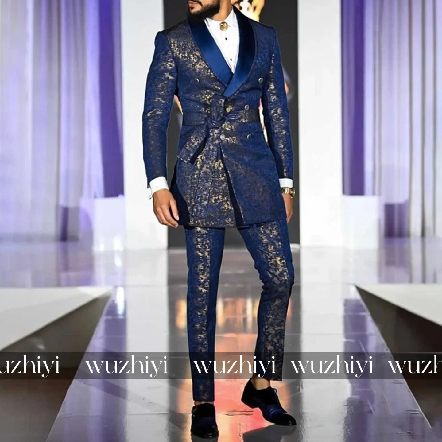 Luxury Blue Shawl Lapel Jacquard Men Suits Slim Fit Groom Wedding Tuxedos 2Pcs Sets Male Prom Blazers Belt Customized