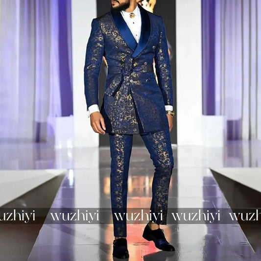 Luxury Blue Shawl Lapel Jacquard Men Suits Slim Fit Groom Wedding Tuxedos 2Pcs Sets Male Prom Blazers Belt Customized