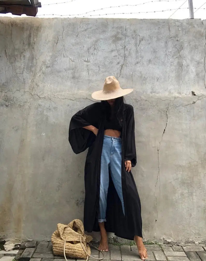 5 Colors Solid Bikini Cover-ups Long Kimono Sexy Belted Summer Wrap Dress Women Beach Wear Cover Up Cardigan Robe De Plage