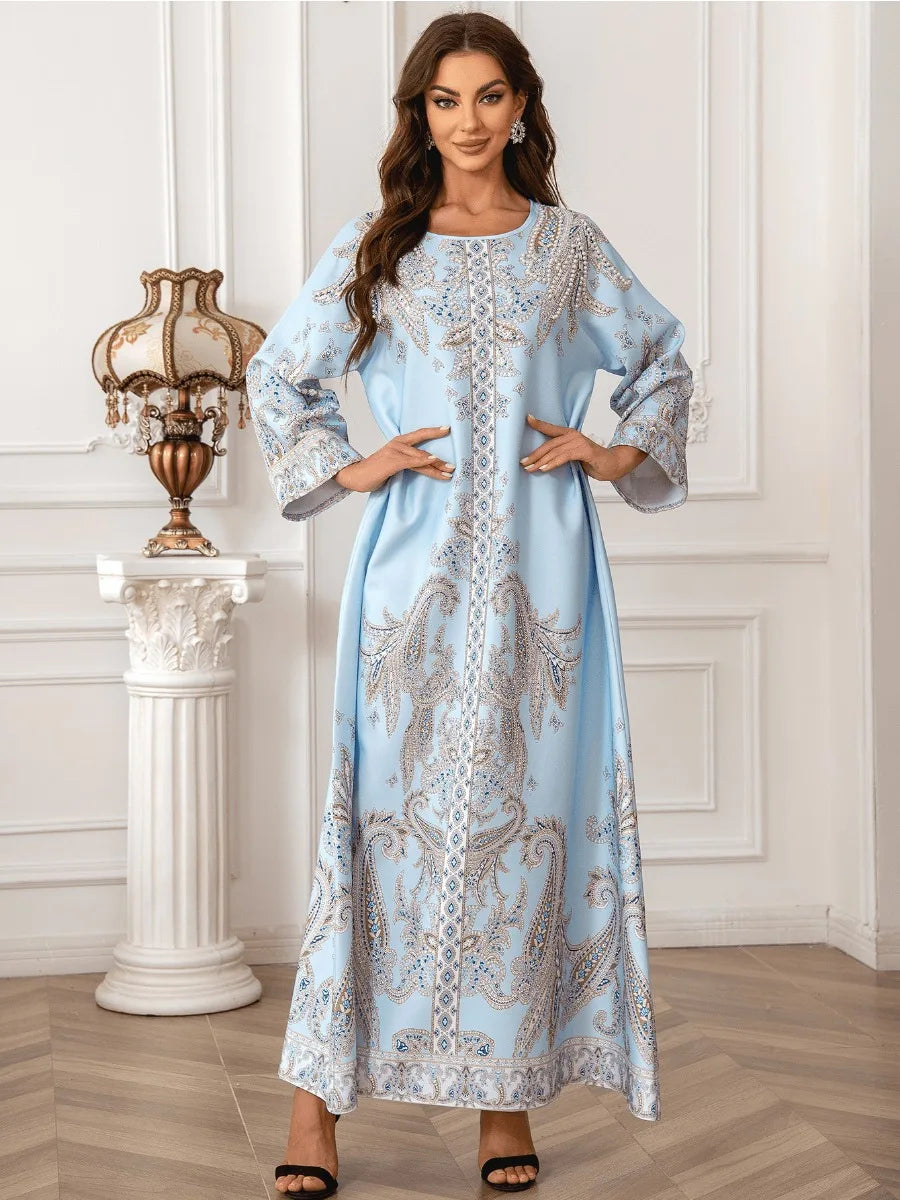 Eid Muslim Beading Party Dress for Women Ramadan Abaya Long Dress Print Morocco Kaftan Vestidos Largos Dubai Robe Jalabiya 2024