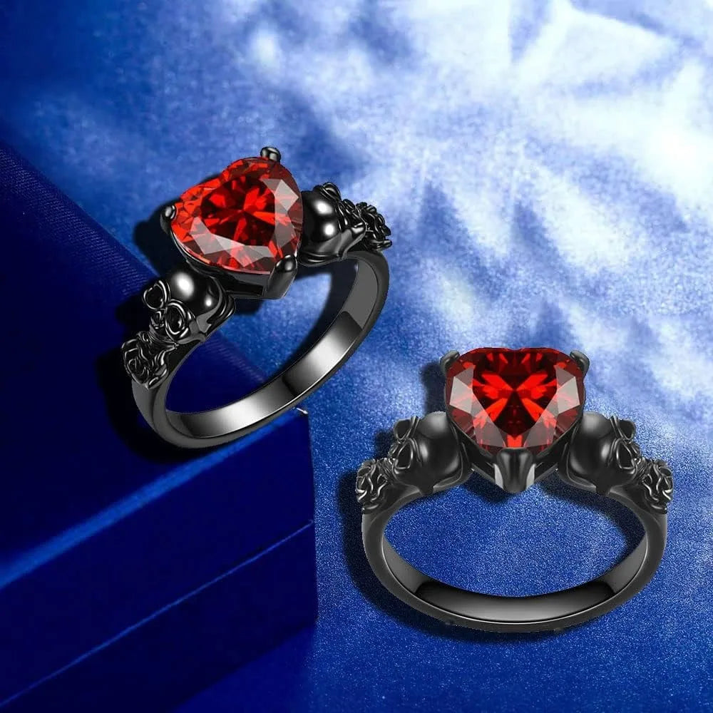Gothic Skull Black Rose Flower Rings Women Purple Red Heart Zircon Crystal Valentine's Day Anniversary Engagement  Jewelry