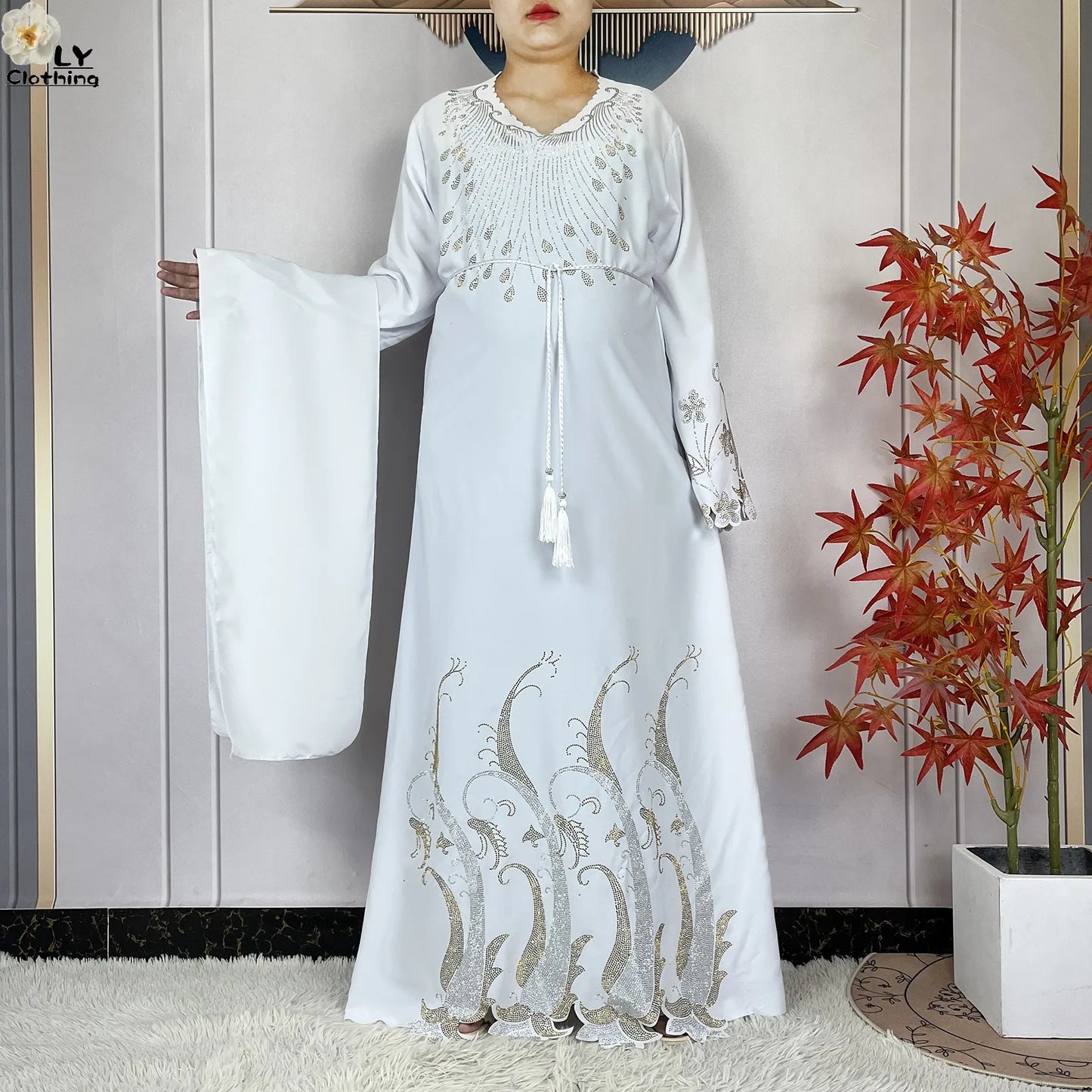 2025New Dubai Muslim Women Elegant Dress African Abaya Loose Butterfly Pattern Diamond Islamic Long Sleeve Turkey Femme Clothing