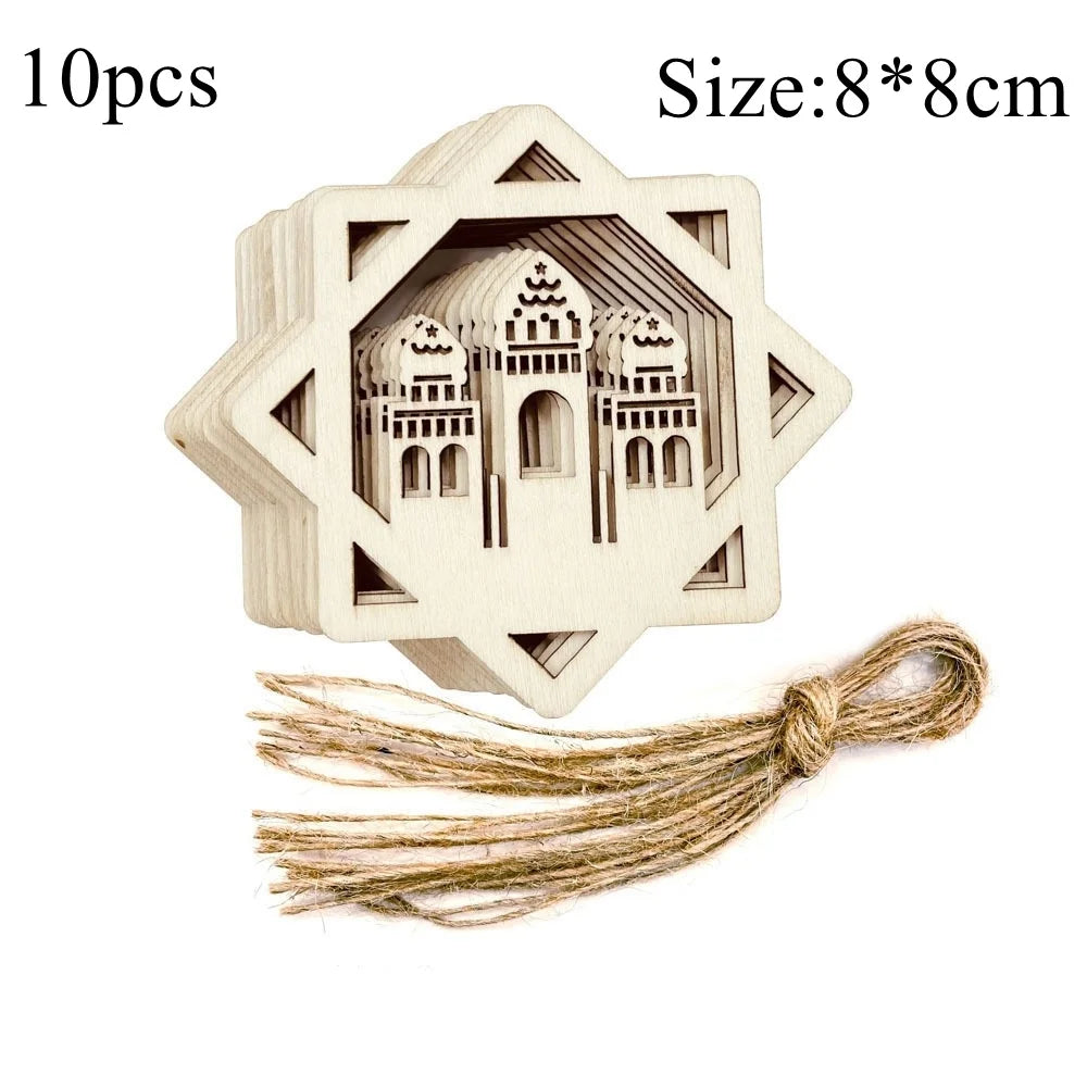 10pcs Eid Mubarak Wooden Hanging Pendant Hollowed Wooden DIY Painting Ornaments For Muslim Ramadan Kareem Home Party Decoration
