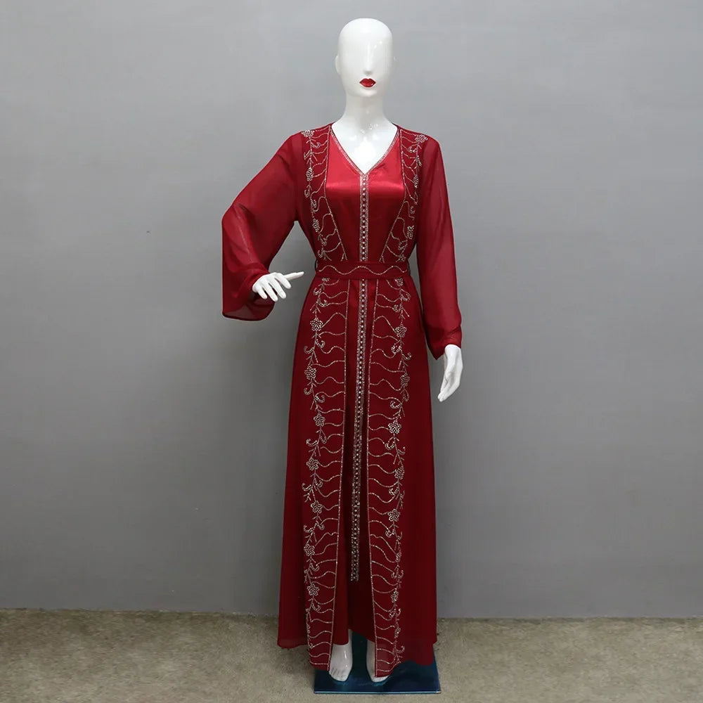 Muslim Set Dress Women Four-season Commute Muslim Set Fashion Party Dubai Turkey Long Sleeve Chiffon Cardigan Dress and Vest 2ps