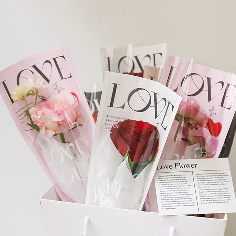 20pcs LOVE Transparent Rose Packaging Bags Valentine's Day Flower Packaging Transparent Bag Waterproof Bouquet Cover