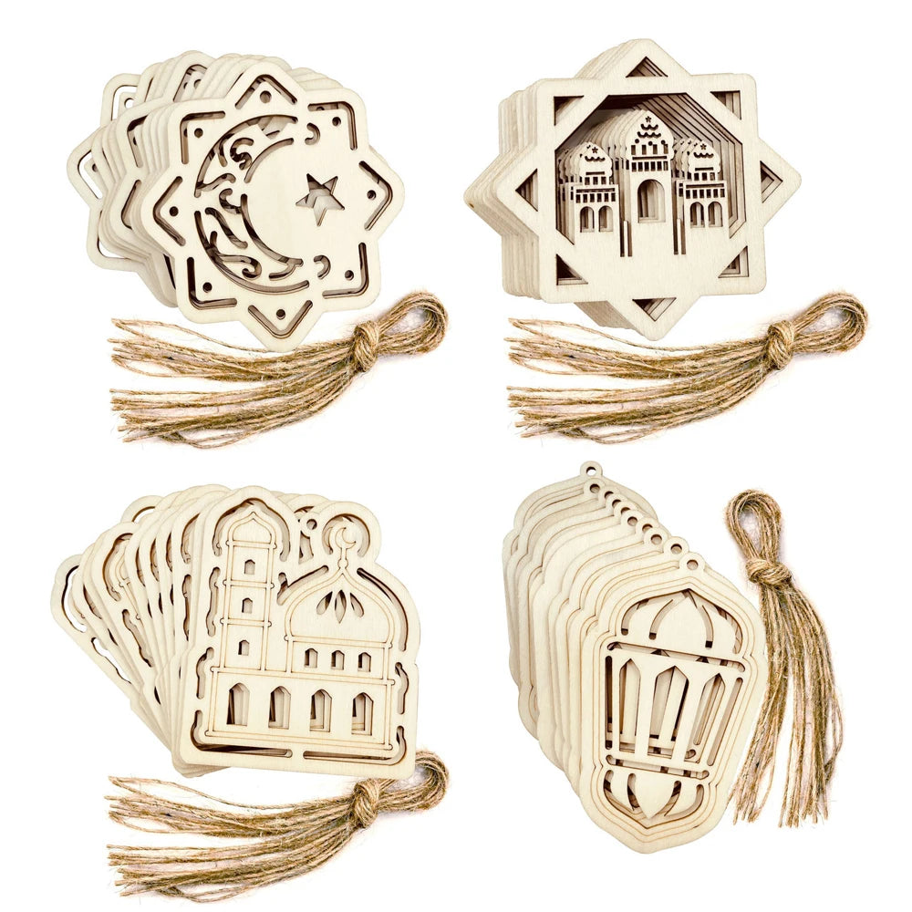 10pcs Eid Mubarak Wooden Hanging Pendant Hollowed Wooden DIY Painting Ornaments For Muslim Ramadan Kareem Home Party Decoration