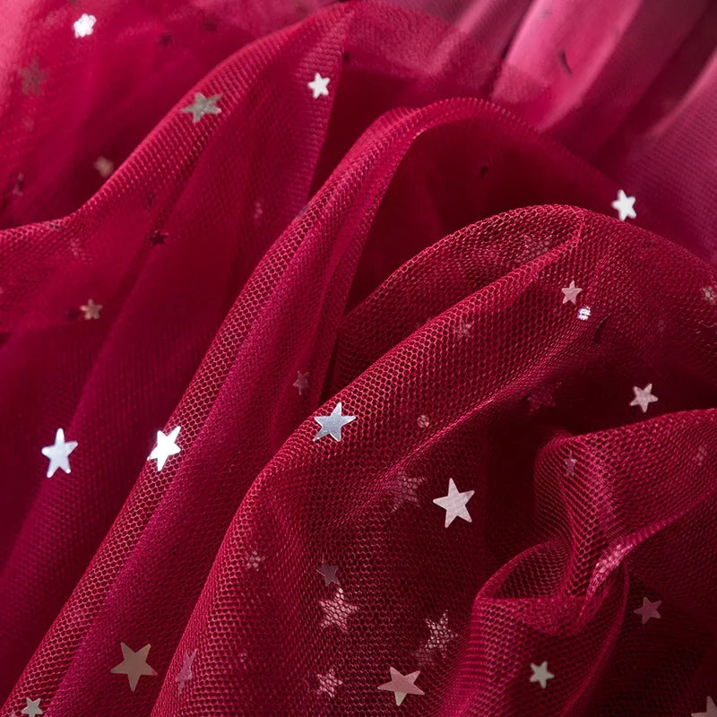 Girl Party Princess Dress Autumn Winter 3-8Y Children Christmas New Year Velvet Top Gradient Stars Mesh Bow Dress
