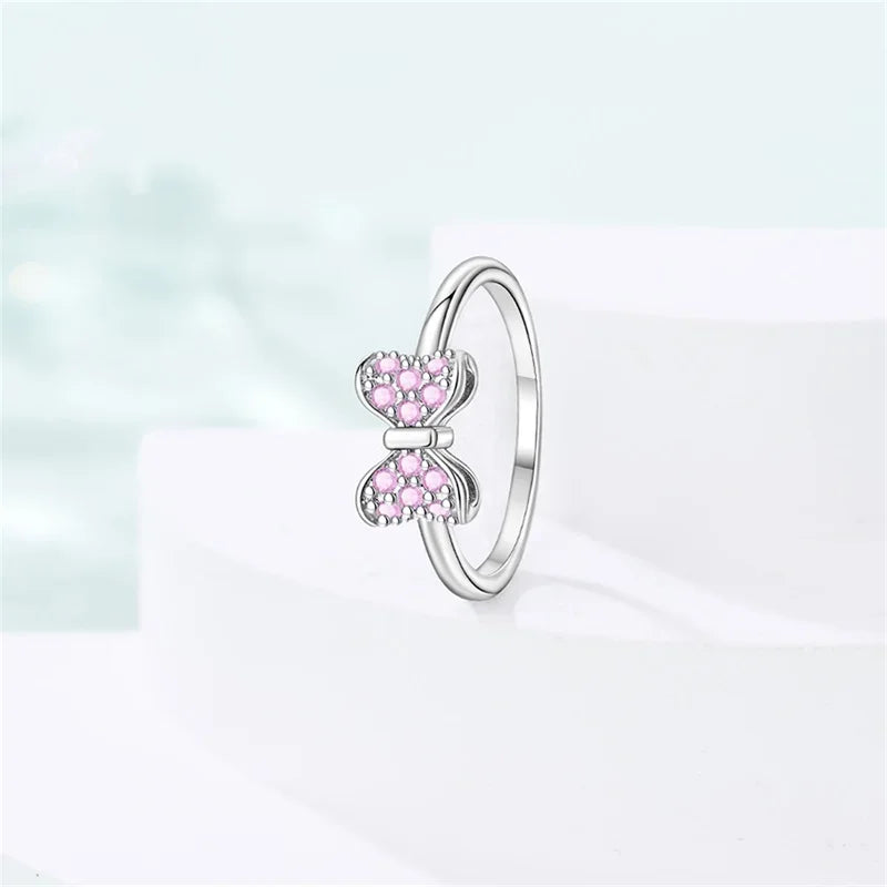 New Valentine's Day Rings Sweet Pink Zircon Princess Bows Size 7-9 For Women 925 Silver Ring Romantic Fine Jewelry Birthday Gift