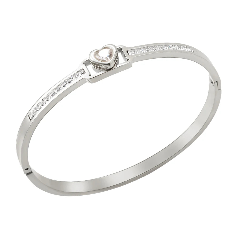 JOVO LOVE Vintage Square Frame Crystal Heart Bangle Stainless Steel Small Small Zircon Wrist Jewelry Women Valentine's Day Gifts
