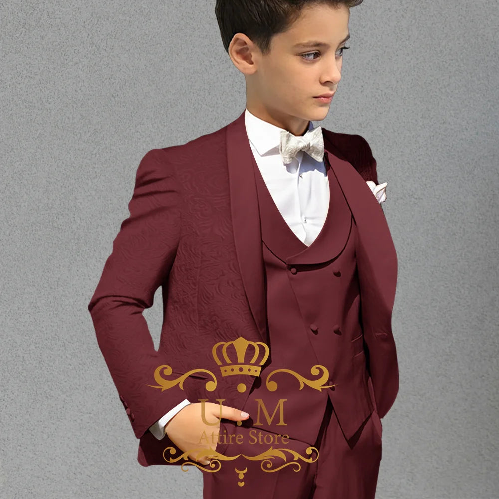 Haute Couture Boys' 3pcs Champagne Jacquard Jacket Vest Pants Slimming Set for Wedding Pageboy Xmas Birthday Party Child Gift