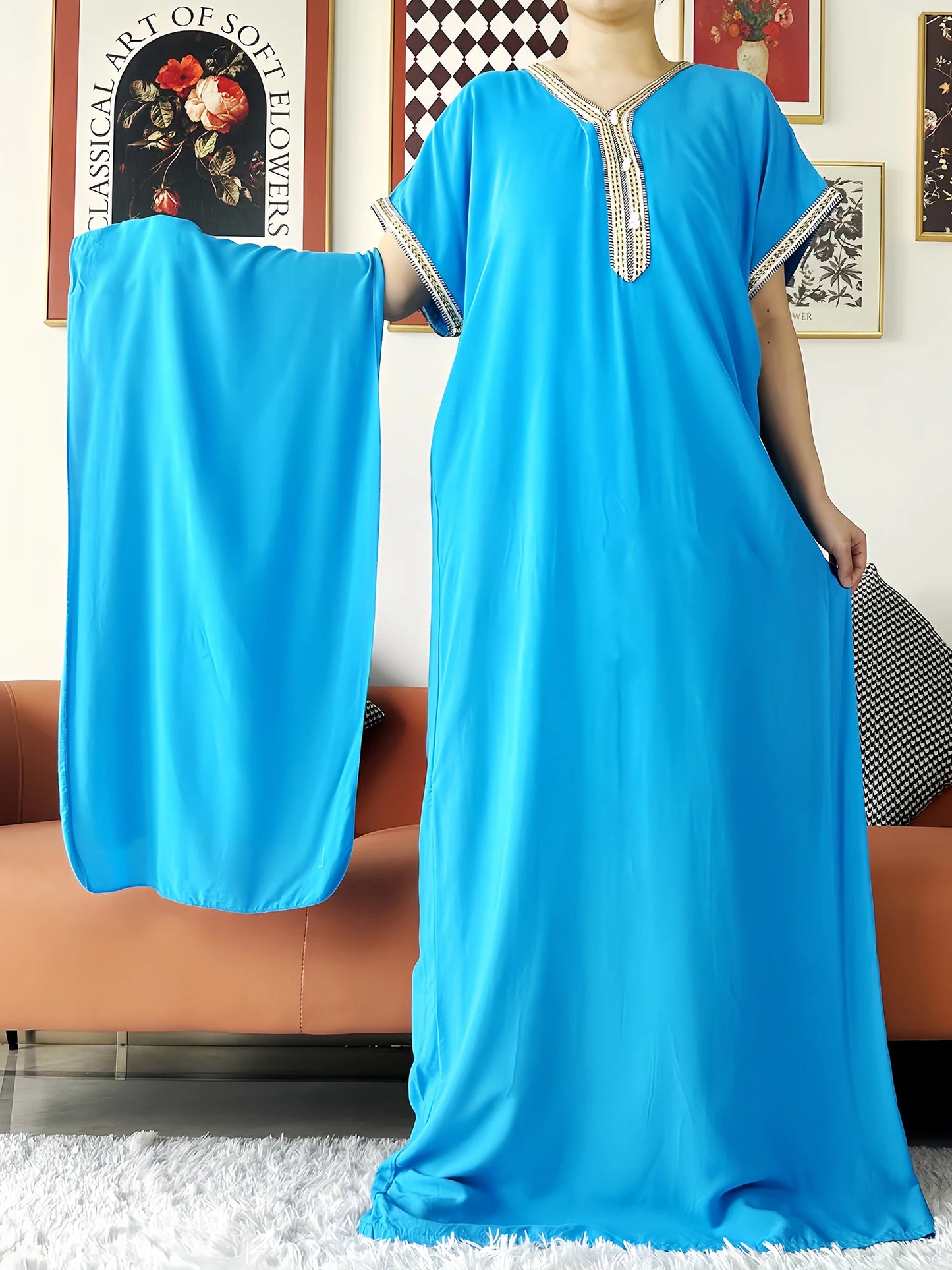2024 Muslim Caftan Traditional short sleeve Dress Solid Cotton kaftan Beach Summer Abaya African dresses for women