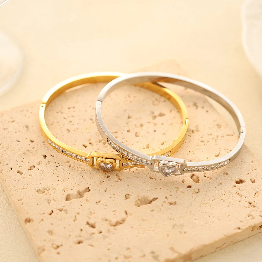 JOVO LOVE Vintage Square Frame Crystal Heart Bangle Stainless Steel Small Small Zircon Wrist Jewelry Women Valentine's Day Gifts