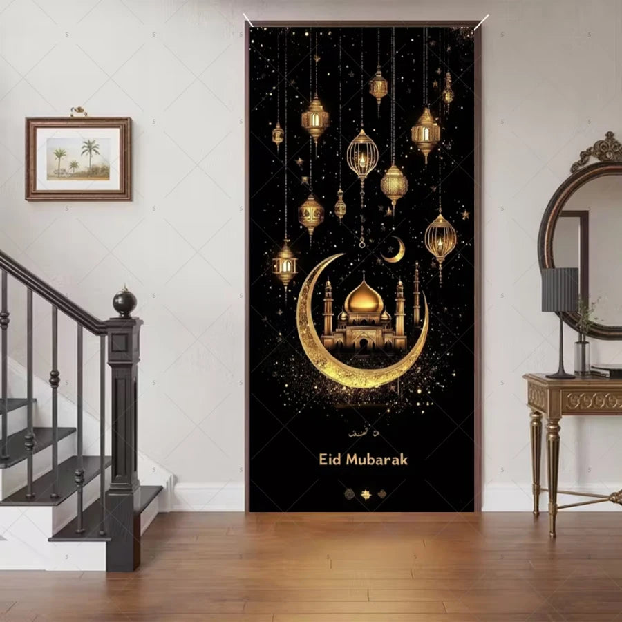 Ramadan Eid Door Cover Backdrop Supplies Moon Mosque Background Islamic Muslim Festival Theme Party Decoration Photography Props