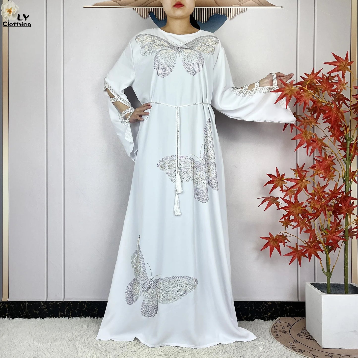 2025New Dubai Muslim Women Elegant Dress African Abaya Loose Butterfly Pattern Diamond Islamic Long Sleeve Turkey Femme Clothing
