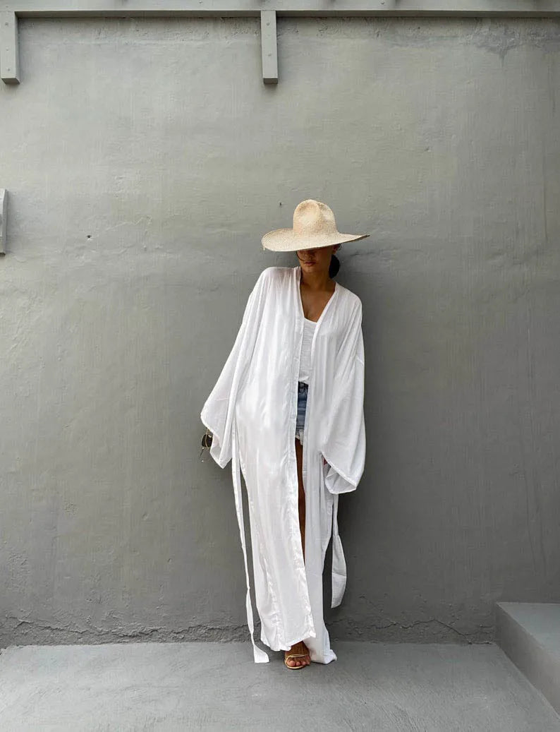 5 Colors Solid Bikini Cover-ups Long Kimono Sexy Belted Summer Wrap Dress Women Beach Wear Cover Up Cardigan Robe De Plage