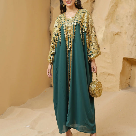 Beaded Embroidered Fringed Long Muslin Dr Two Piece Set a Gown for Women iny Sequin Trimmed Traditional Ethnic Sle