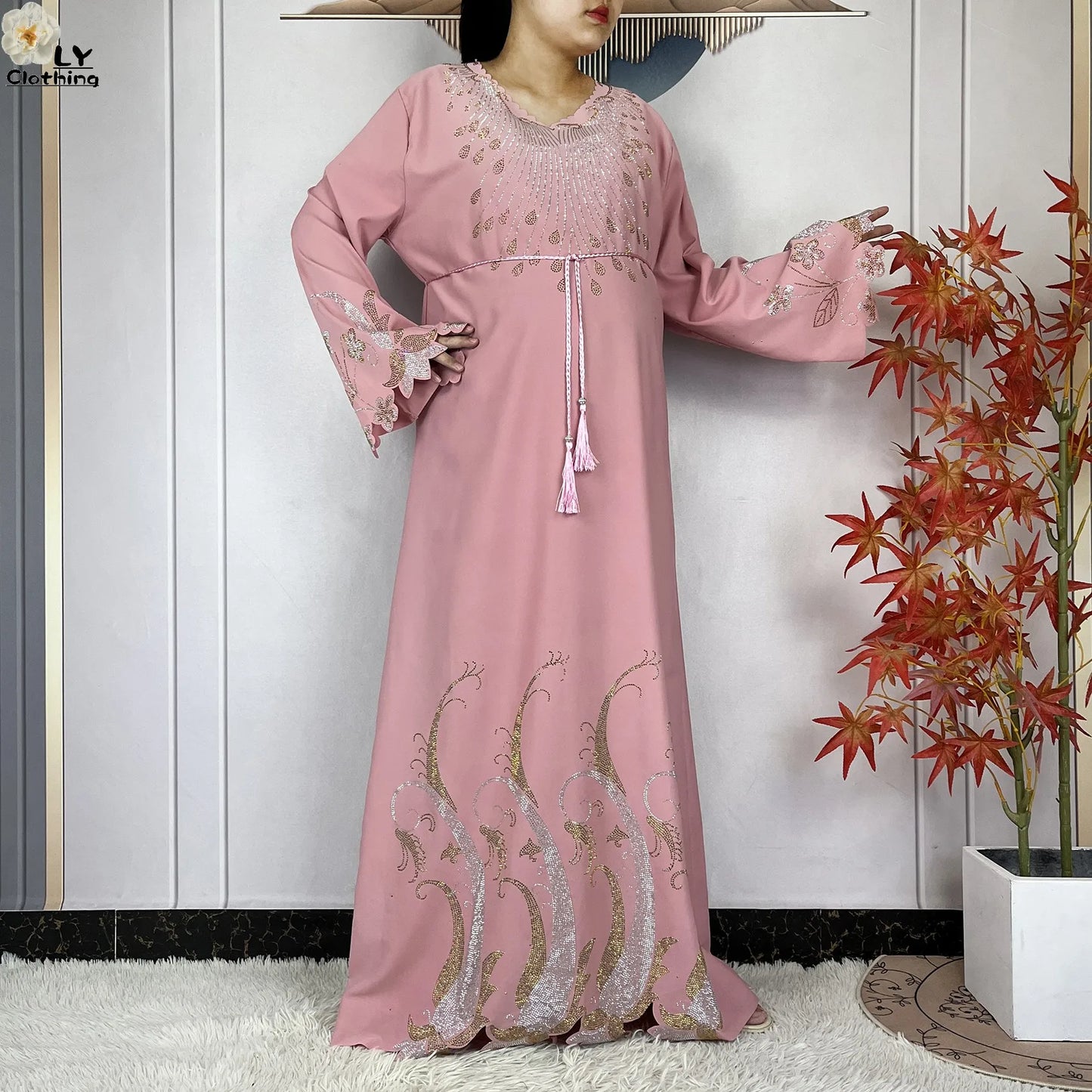 2025New Dubai Muslim Women Elegant Dress African Abaya Loose Butterfly Pattern Diamond Islamic Long Sleeve Turkey Femme Clothing