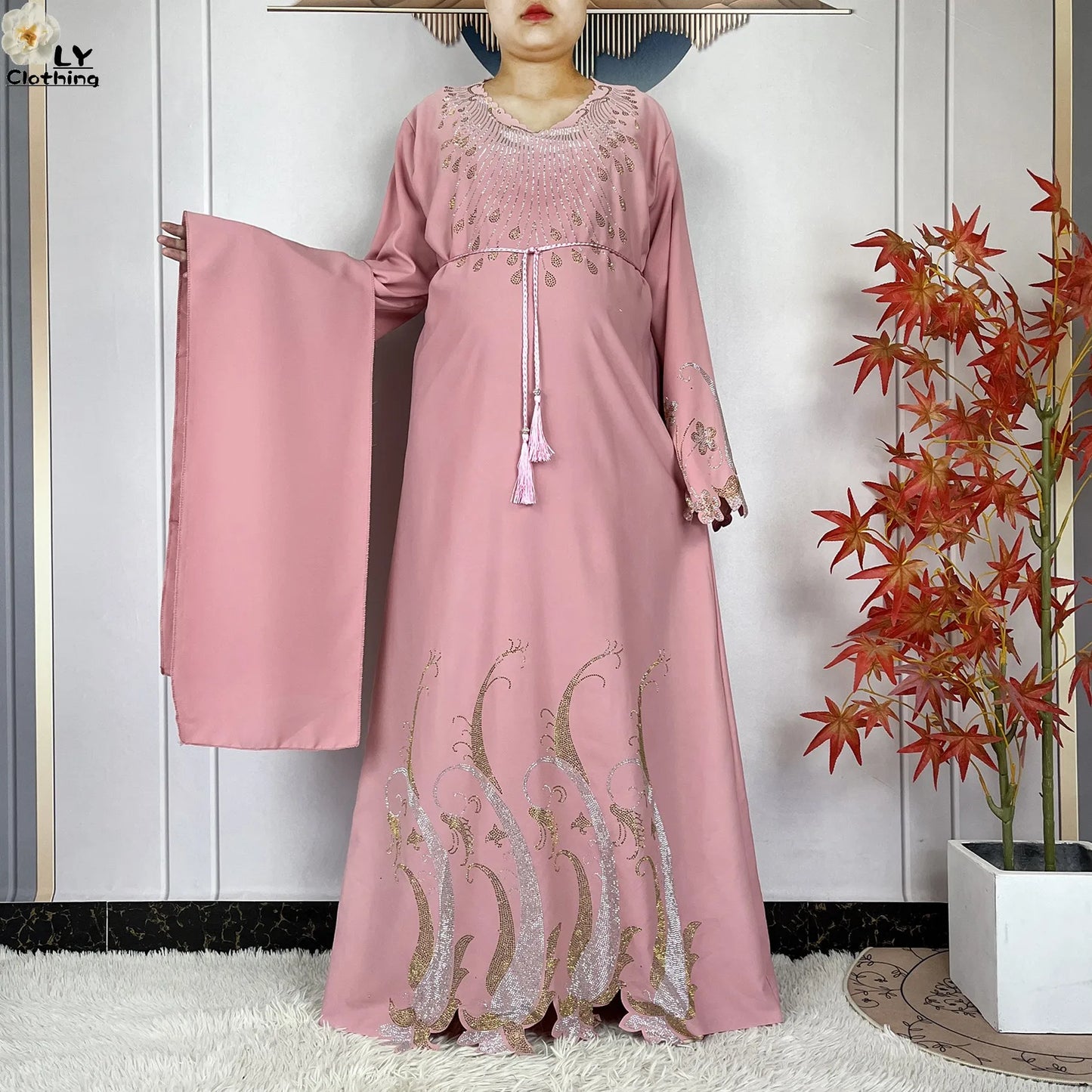2025New Dubai Muslim Women Elegant Dress African Abaya Loose Butterfly Pattern Diamond Islamic Long Sleeve Turkey Femme Clothing