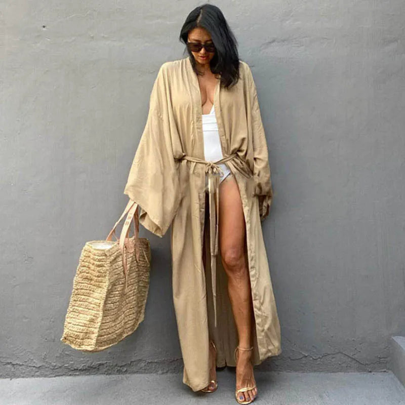 5 Colors Solid Bikini Cover-ups Long Kimono Sexy Belted Summer Wrap Dress Women Beach Wear Cover Up Cardigan Robe De Plage