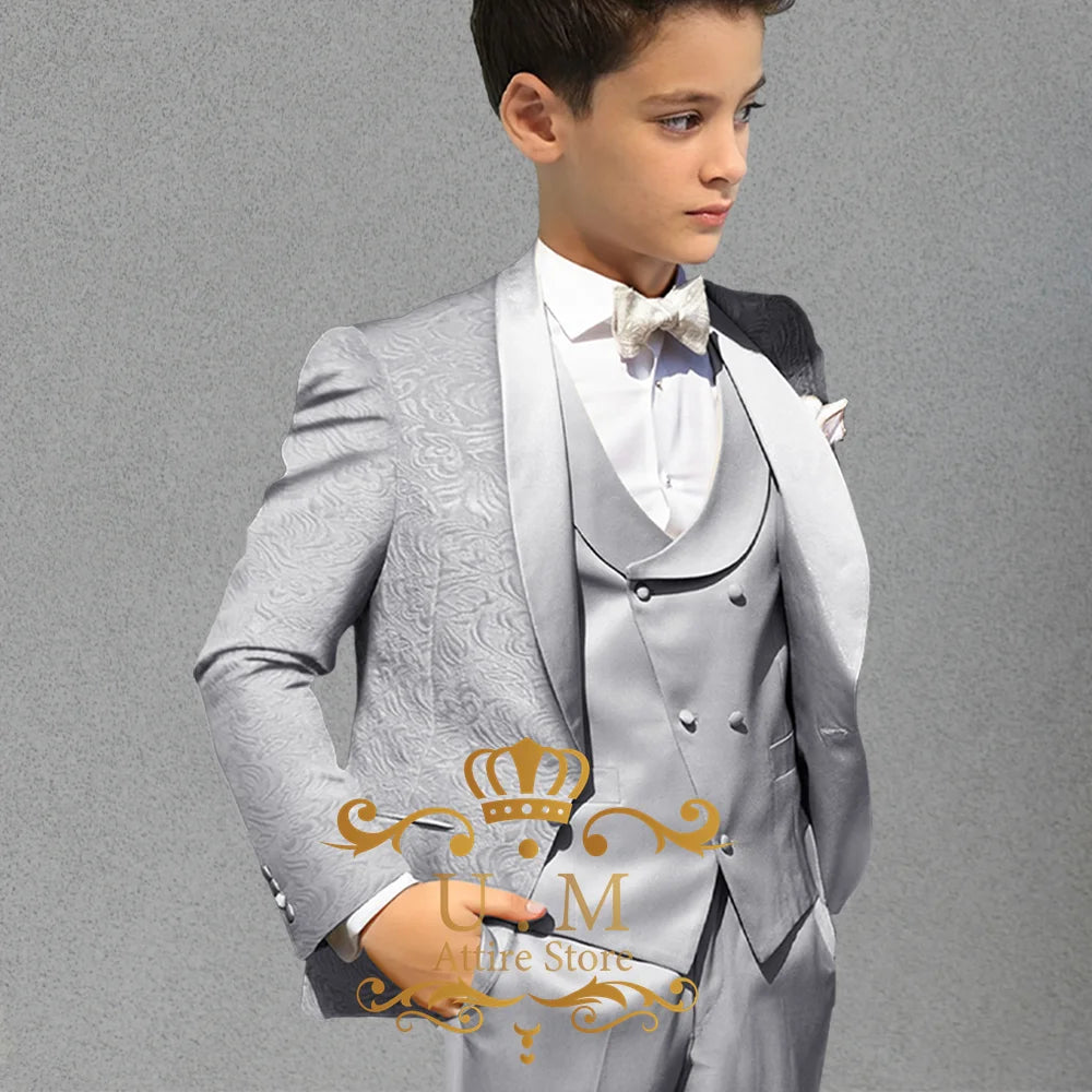 Haute Couture Boys' 3pcs Champagne Jacquard Jacket Vest Pants Slimming Set for Wedding Pageboy Xmas Birthday Party Child Gift