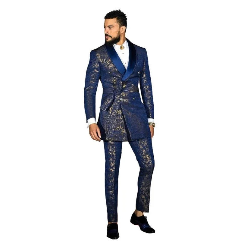 Luxury Blue Shawl Lapel Jacquard Men Suits Slim Fit Groom Wedding Tuxedos 2Pcs Sets Male Prom Blazers Belt Customized