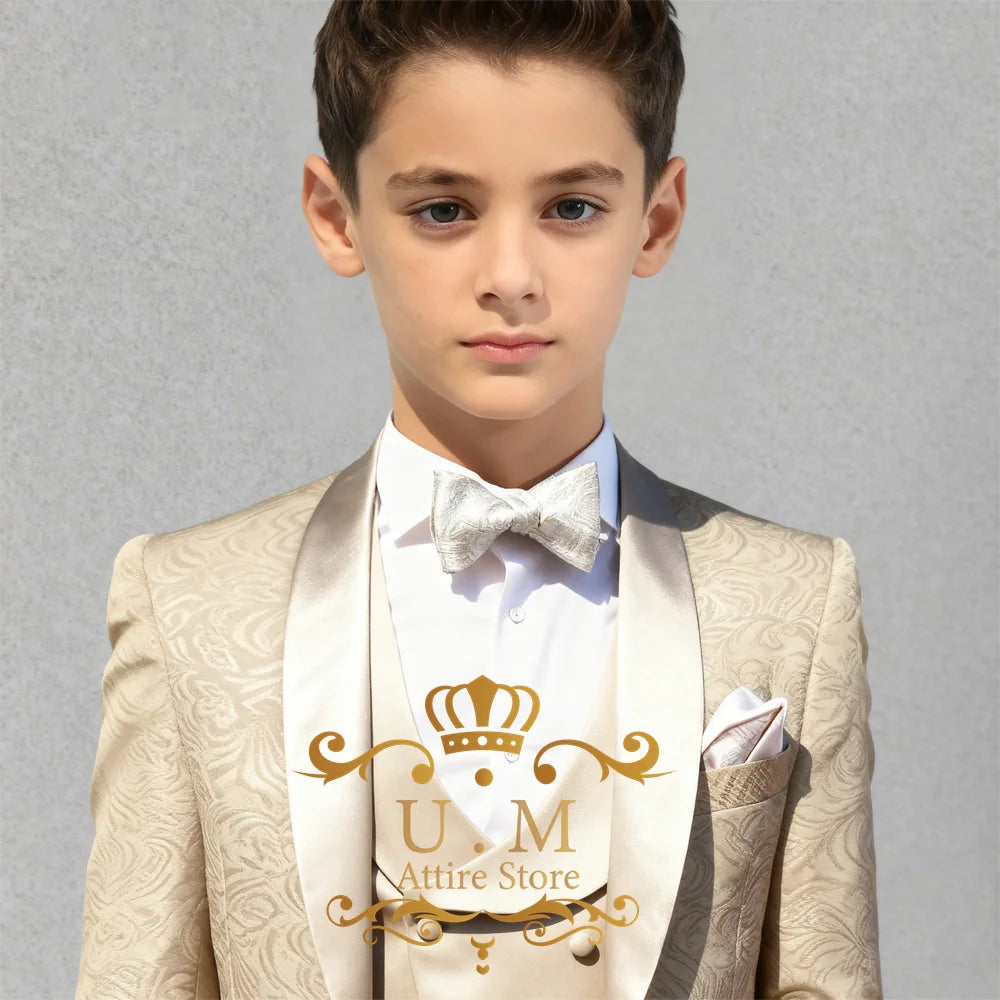Haute Couture Boys' 3pcs Champagne Jacquard Jacket Vest Pants Slimming Set for Wedding Pageboy Xmas Birthday Party Child Gift