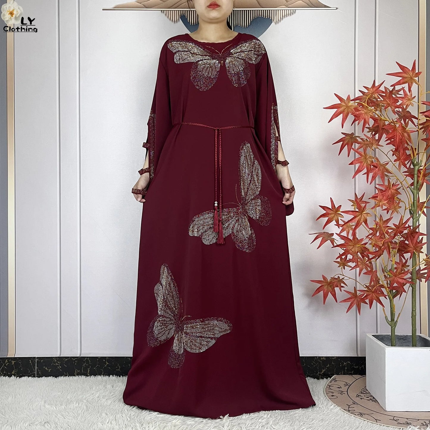 2025New Dubai Muslim Women Elegant Dress African Abaya Loose Butterfly Pattern Diamond Islamic Long Sleeve Turkey Femme Clothing