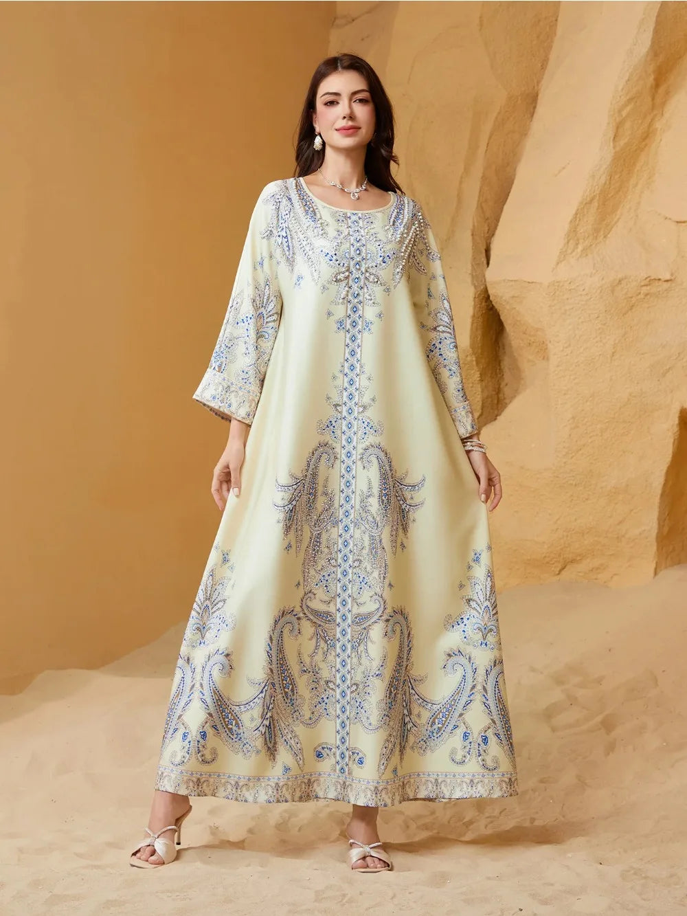 Eid Muslim Beading Party Dress for Women Ramadan Abaya Long Dress Print Morocco Kaftan Vestidos Largos Dubai Robe Jalabiya 2024