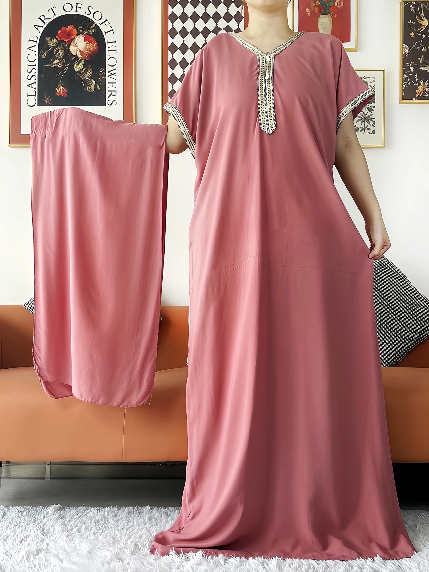 2024 Muslim Caftan Traditional short sleeve Dress Solid Cotton kaftan Beach Summer Abaya African dresses for women