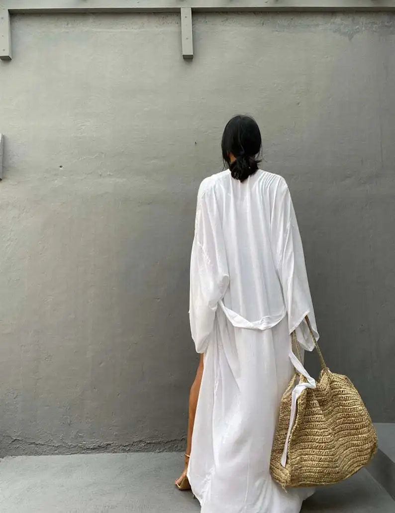 5 Colors Solid Bikini Cover-ups Long Kimono Sexy Belted Summer Wrap Dress Women Beach Wear Cover Up Cardigan Robe De Plage